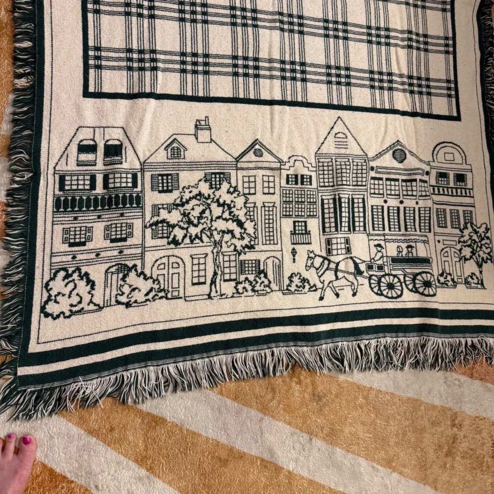 Charleston SC Woven Tapestry Throw Blanket Green Fringe Cotton Colonial Decor